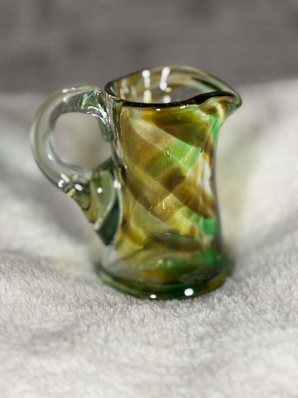Vintage Hand-Blown Green and Yellow Swirl Art Glass Small Pitcher